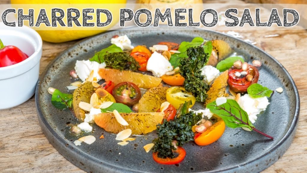 Charred Pomelo And Goat Cheese Salad, Kale Chips, School Tomato And A